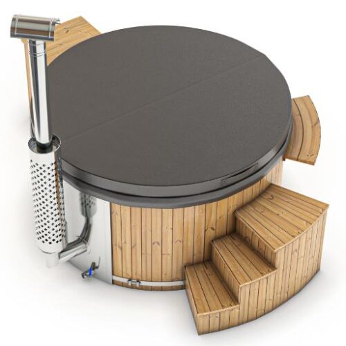 Wood pellet fired hot tub with leather cover