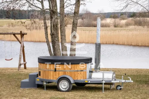 Hot tub integrated on trailer with leather cover