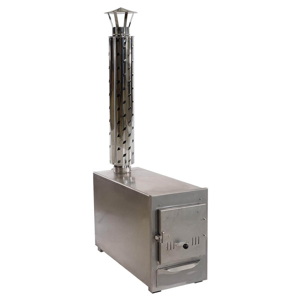 External square wood-burning stainless steel stove of hot tub