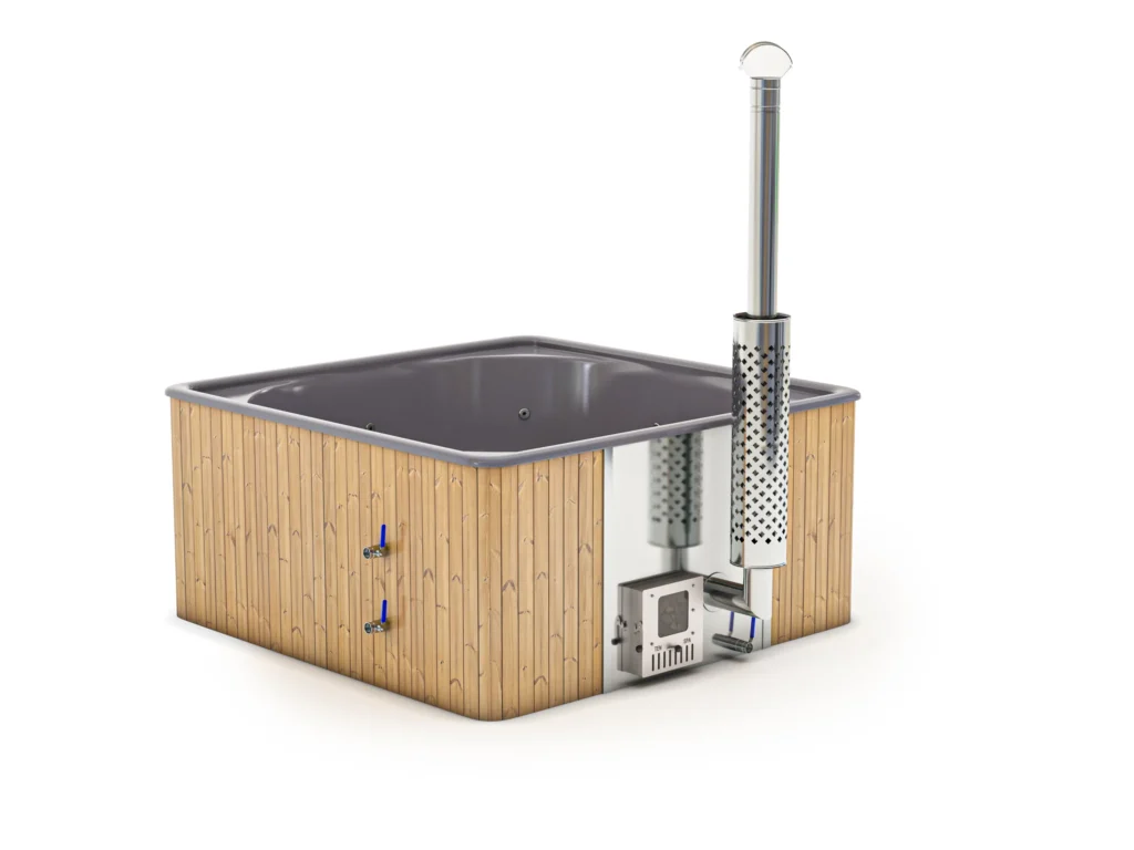 Square hot tub with integrated wood burning heater