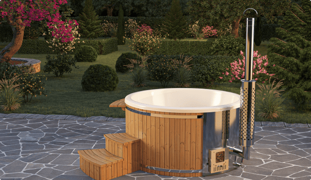 Wooden hot tub in garden