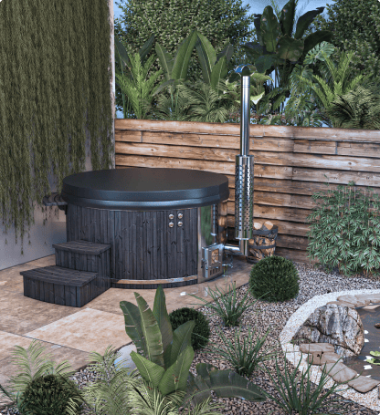 Dark wood hot tub in garden