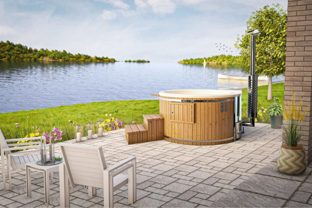 Wooden hot tub outside
